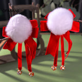 Red Chinese Hairpins Girls Bowknot Plush Hair Clips Vintage Barrettes