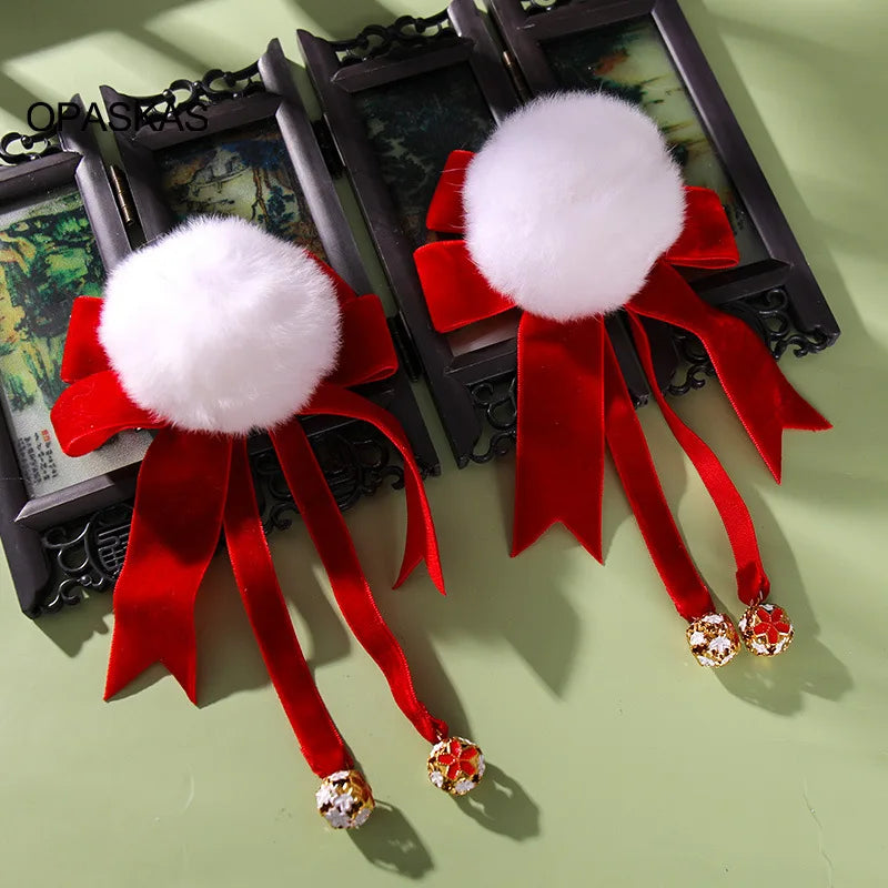 Red Chinese Hairpins Girls Bowknot Plush Hair Clips Vintage Barrettes