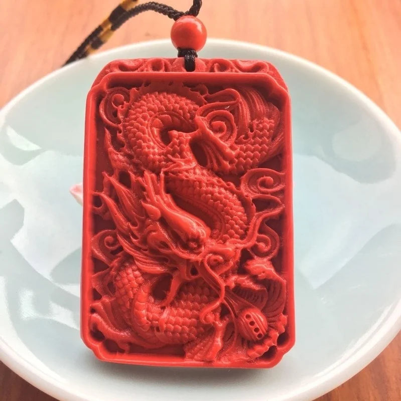 Red Cinnabar Dragon Pendant Amulet Necklace Hand Carved Natural Woman