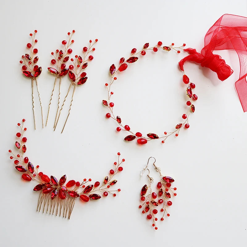 Red Crystal Women Hair Jewelry Accessories Plant Combs Head Decoration