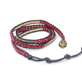 Red Coral Soft Wax Cord Brass Beads Triple Wrap Bracelet