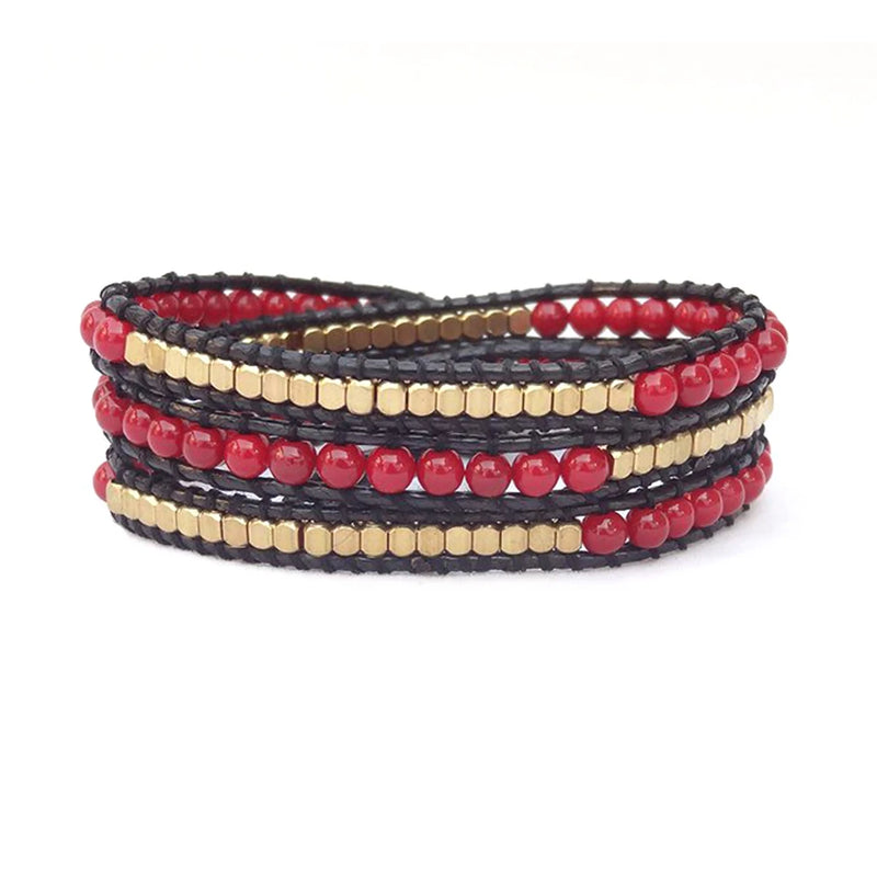 Red Coral Soft Wax Cord Brass Beads Triple Wrap Bracelet