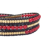 Red Coral Soft Wax Cord Brass Beads Triple Wrap Bracelet