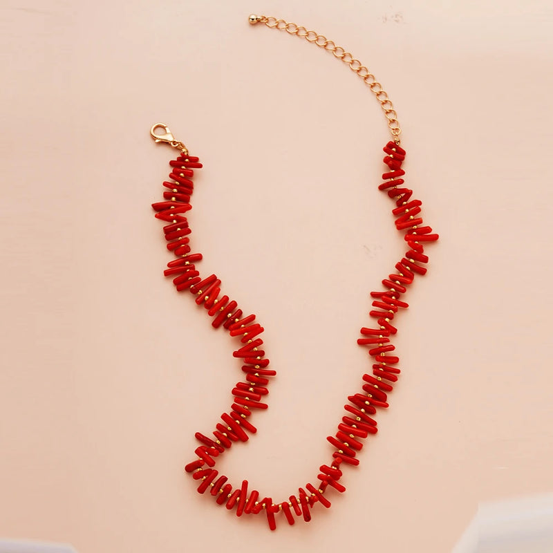 Red Coral Stone Chocker Necklace Plated Acrylic Bohemia Ethnical