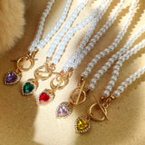 Crystal Love Heart Pendant Pearl Necklace Elegant Beaded Choker Jewelry