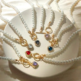 Crystal Love Heart Pendant Pearl Necklace Elegant Beaded Choker Jewelry