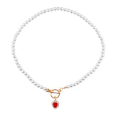 Crystal Love Heart Pendant Pearl Necklace Elegant Beaded Choker Jewelry