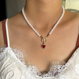 Crystal Love Heart Pendant Pearl Necklace Elegant Beaded Choker Jewelry