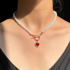 Crystal Love Heart Pendant Pearl Necklace Elegant Beaded Choker Jewelry