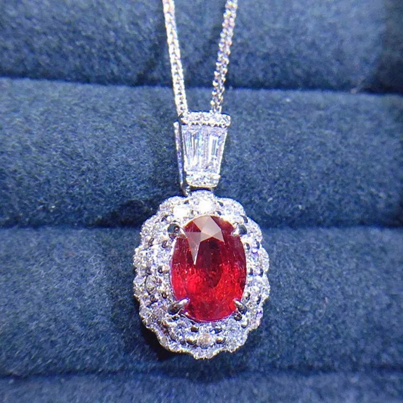 Red Ruby Gemstone Pendant Necklace Silver Vintage Jewelry