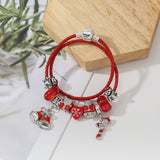 Red Double Loop Leather Rope Charm Bracelet With Bell Pendants