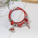 Red Double Loop Leather Rope Charm Bracelet With Bell Pendants