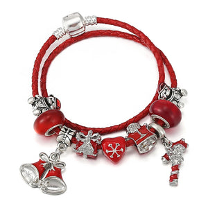 Red Double Loop Leather Rope Charm Bracelet With Bell Pendants