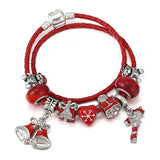 Red Double Loop Leather Rope Charm Bracelet With Bell Pendants