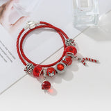 Red Double Loop Leather Rope Charm Bracelet With Bell Pendants