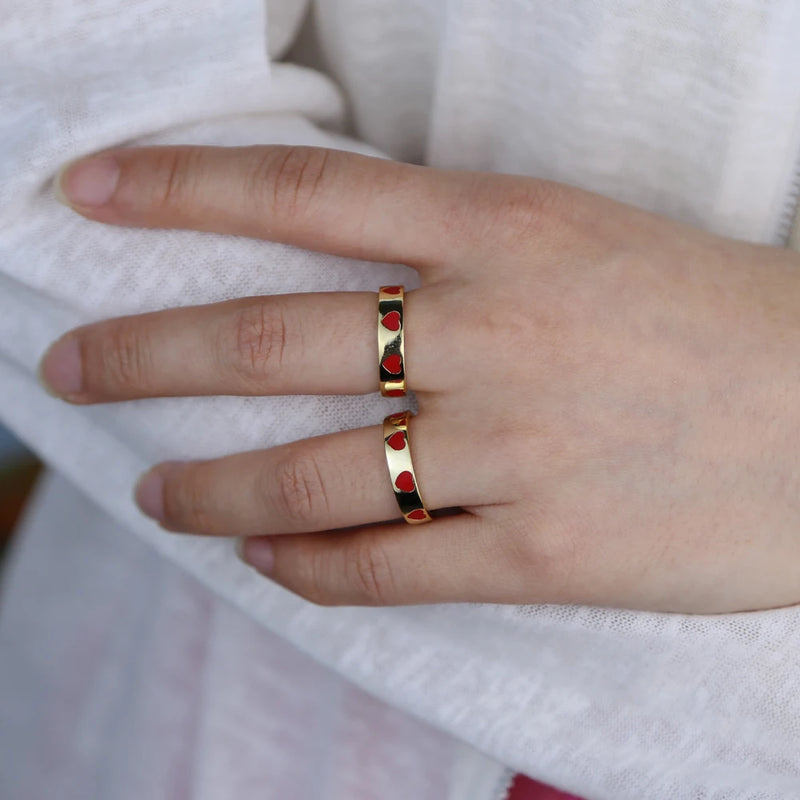 Red Enamel Heart Band Engagement Rings Plated Wedding Jewelry