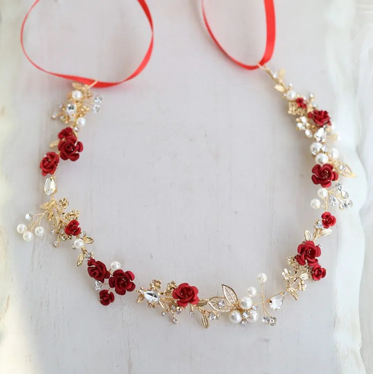 Red Floral Bridal Headband Wedding Hair Comb Accessories