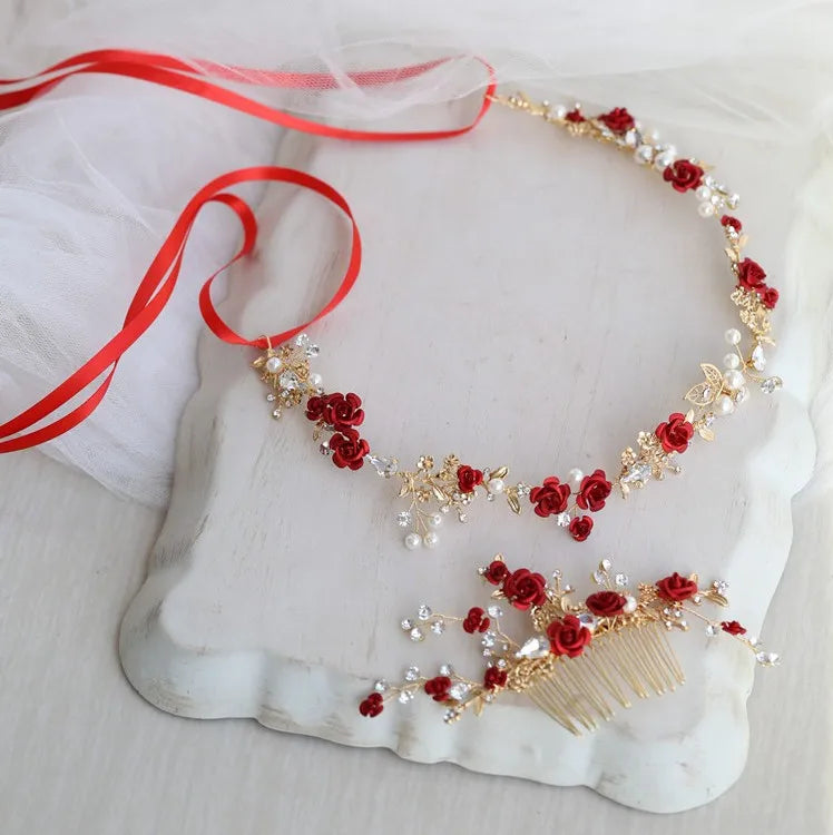 Red Floral Bridal Headband Wedding Hair Comb Accessories