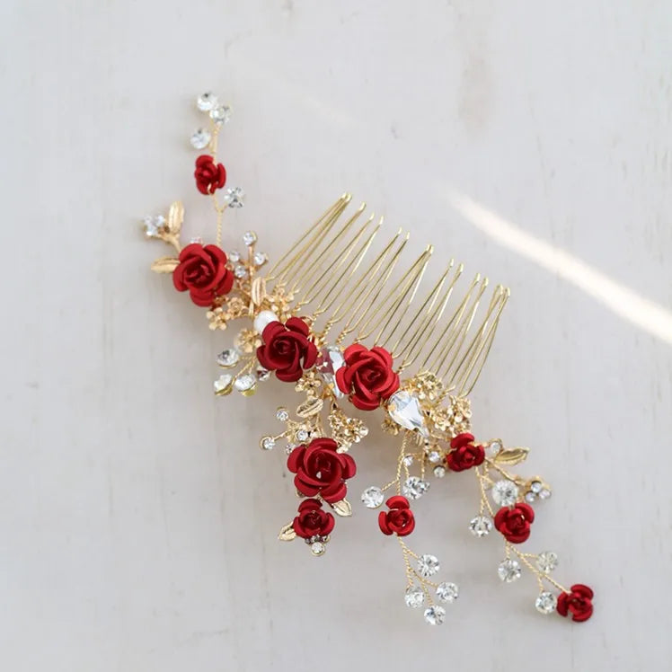 Red Floral Bridal Headband Wedding Hair Comb Accessories