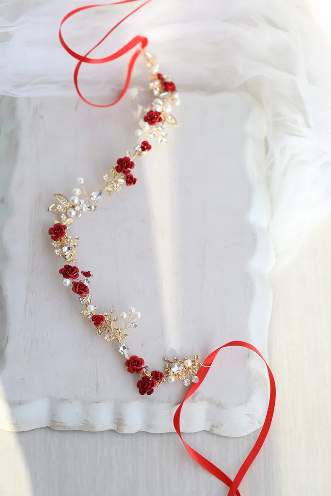 Red Floral Bridal Headband Wedding Hair Comb Accessories
