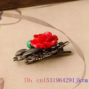 Red Flower Barrette Gemstones Gift Cinnabar Charm Carved Tibetan Silver