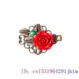 Red Flower Barrette Gemstones Gift Cinnabar Charm Carved Tibetan Silver
