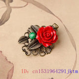 Red Flower Barrette Gemstones Gift Cinnabar Charm Carved Tibetan Silver