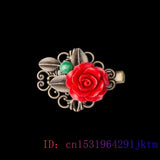 Red Flower Barrette Gemstones Gift Cinnabar Charm Carved Tibetan Silver