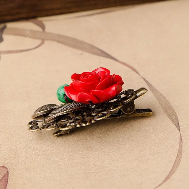 Red Flower Barrette Gemstones Gift Cinnabar Charm Carved Tibetan Silver