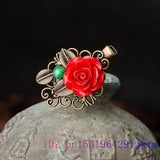 Red Flower Barrette Gemstones Gift Cinnabar Charm Carved Tibetan Silver