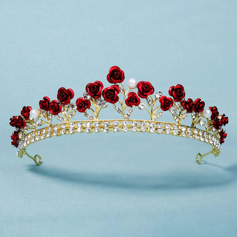 Red Flower Crown Rhinestone Tiaras Headpiece Gift Headwear