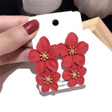 Red Flower Earrings Double Layers Statement Hanging Pendientes