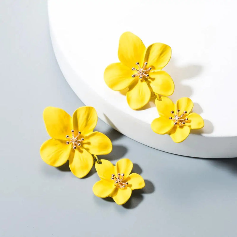 Red Flower Earrings Double Layers Statement Hanging Pendientes