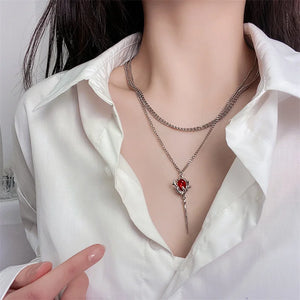 Red Gemstone Rose Flower Necklace Gothic Double Layer Chain Pendant