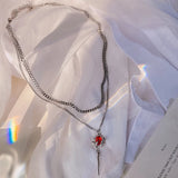 Red Gemstone Rose Flower Necklace Gothic Double Layer Chain Pendant
