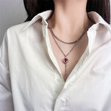 Red Gemstone Rose Flower Necklace Gothic Double Layer Chain Pendant