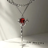 Red Gemstone Rose Flower Necklace Gothic Double Layer Chain Pendant