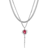 Red Gemstone Rose Flower Necklace Gothic Double Layer Chain Pendant