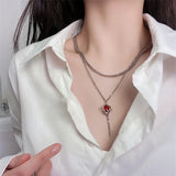 Red Gemstone Rose Flower Necklace Gothic Double Layer Chain Pendant