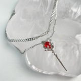 Red Gemstone Rose Flower Necklace Gothic Double Layer Chain Pendant