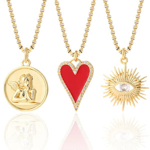 Red Heart Evil Eye Pendant Necklace for Women Stainless Steel Chai