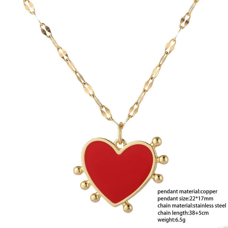 Red Heart Pendant Necklace for Women Stainless Steel Long Chain Couple Gift