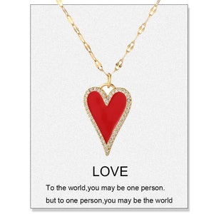 Red Heart Pendant Necklace for Women Stainless Steel Long Chain Couple Gift