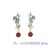 Red Jade Bead Ear Studs 925 Silver Women Jewelry