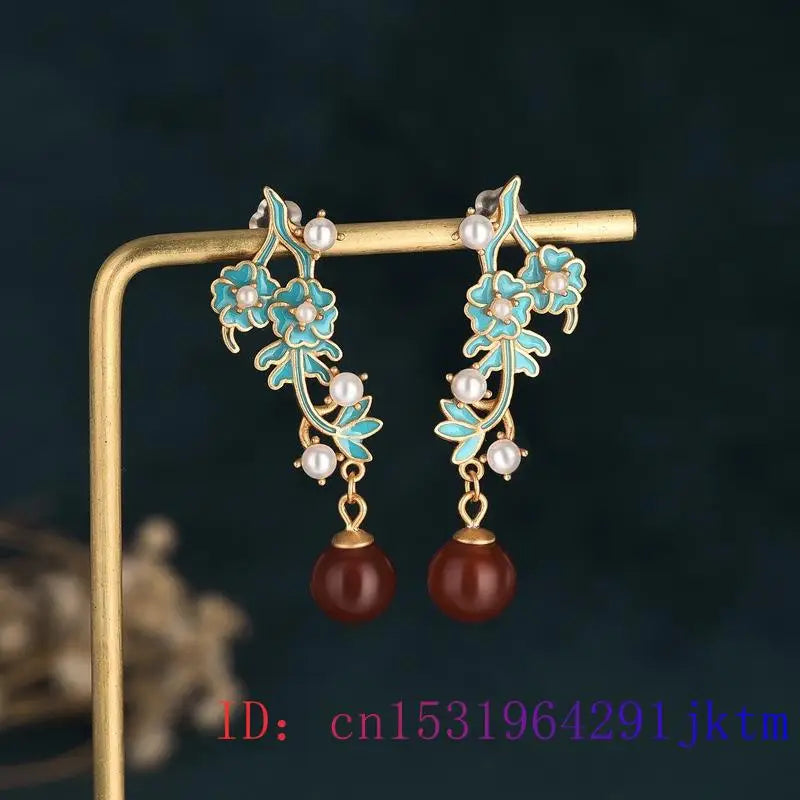 Red Jade Bead Ear Studs 925 Silver Women Jewelry