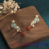 Red Jade Bead Ear Studs 925 Silver Women Jewelry