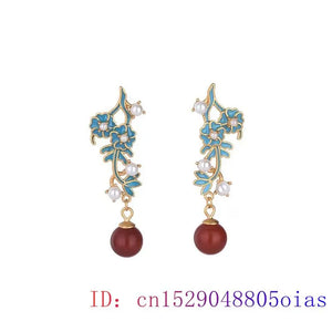 Red Jade Bead Ear Studs Zircon 925 Silver Earrings Chalcedony Amulet