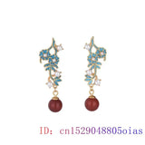 Red Jade Bead Ear Studs Zircon 925 Silver Earrings Chalcedony Amulet