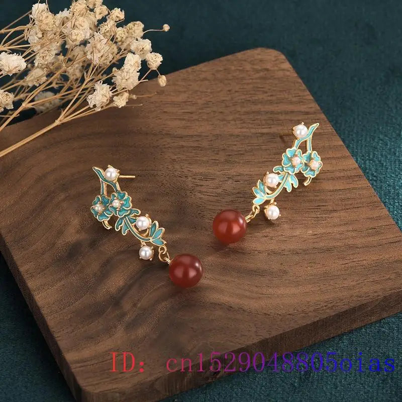 Red Jade Bead Ear Studs Zircon 925 Silver Earrings Chalcedony Amulet