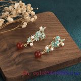 Red Jade Bead Ear Studs Zircon 925 Silver Earrings Chalcedony Amulet